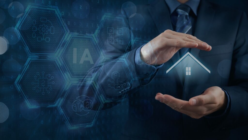 A human hand and a robotic hand reaching toward a glowing blue holographic interface.