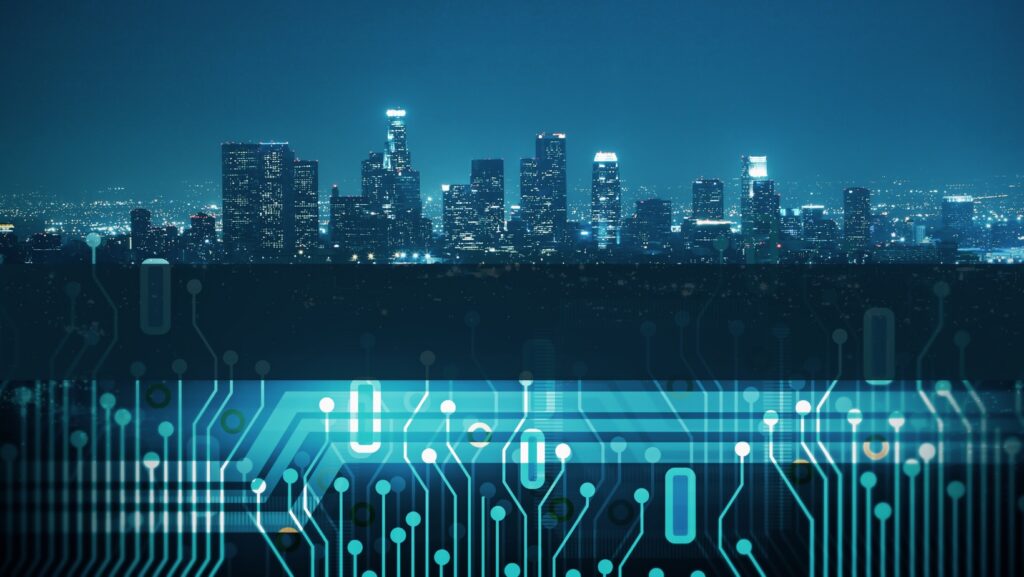 Futuristic digital city skyline with AI data streams visualised