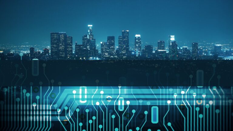 Futuristic digital city skyline with AI data streams visualised