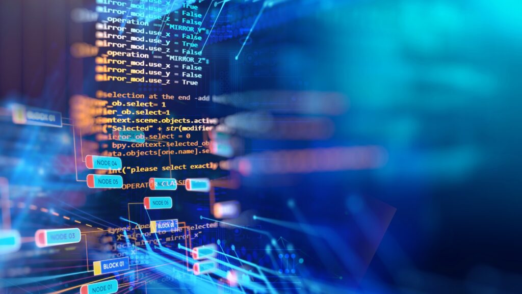 Futuristic blue digital interface with floating data panels and code patterns