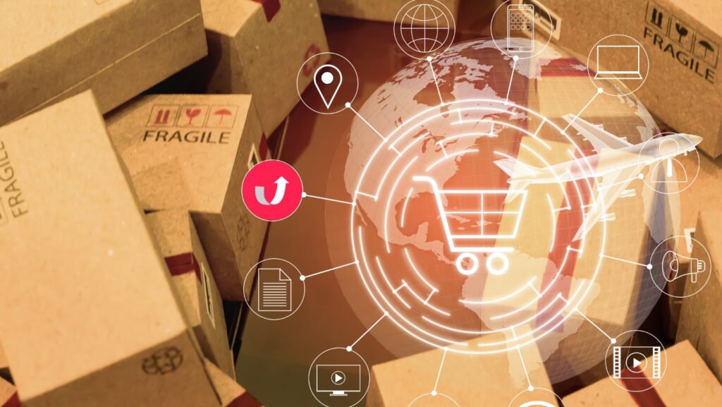 A digital graphic showing AI and retail icons over a warm-toned tech background