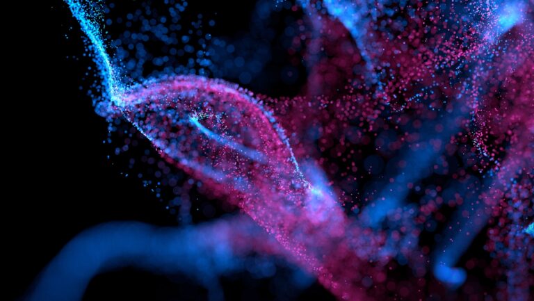 Abstract digital brain made of neon purple and blue particles that visualises artificial intelligence.