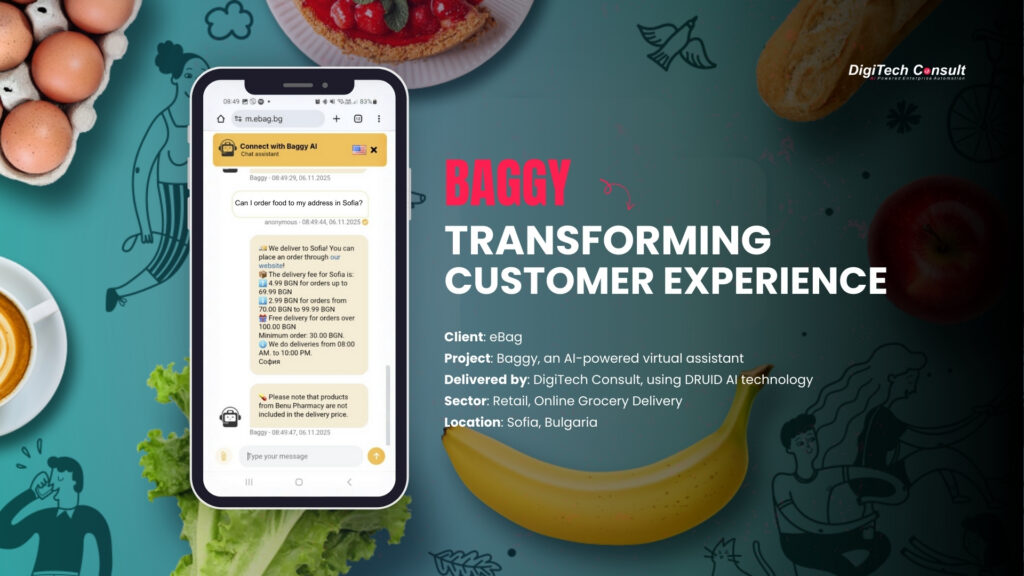 Case study visual showing eBag’s AI assistant Baggy on a mobile screen with a grocery-themed background.