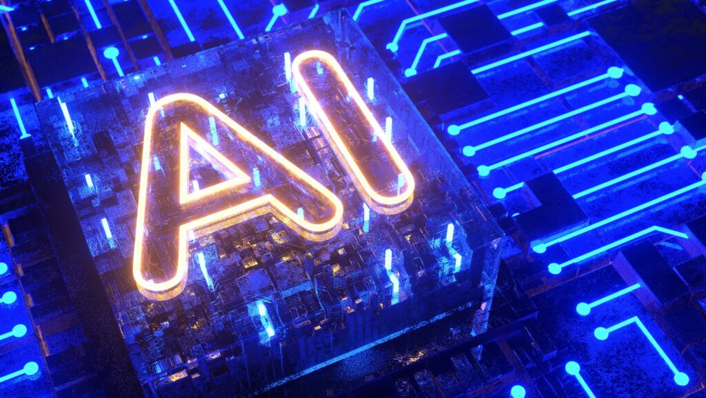Generative AI visuals showing glowing neon “AI” text on a digital blue background