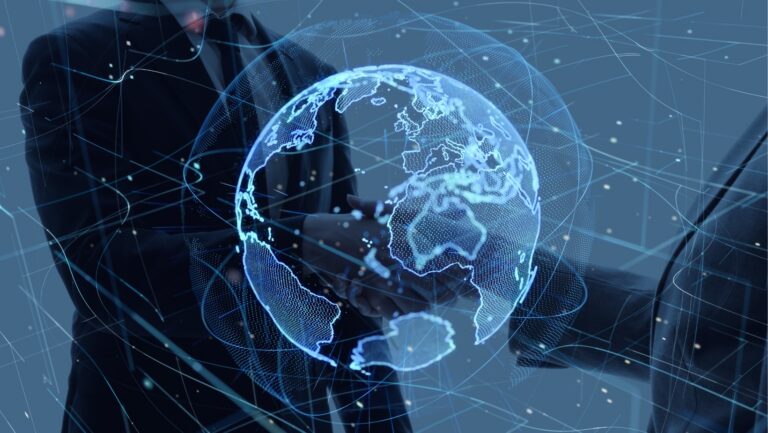 Digital blue globe with interconnected data lines on a dark tech background, used as a header visual for an article about Viber development and business operations.
