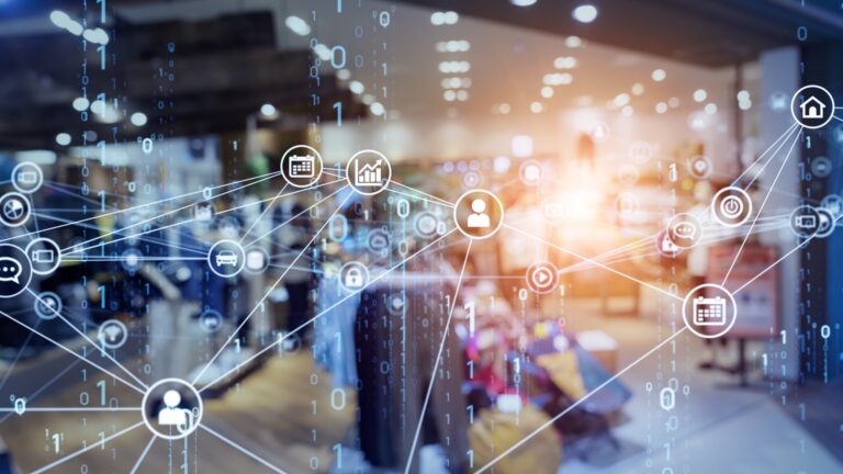 AI-driven retail environment with digital screens and silhouettes of shoppers